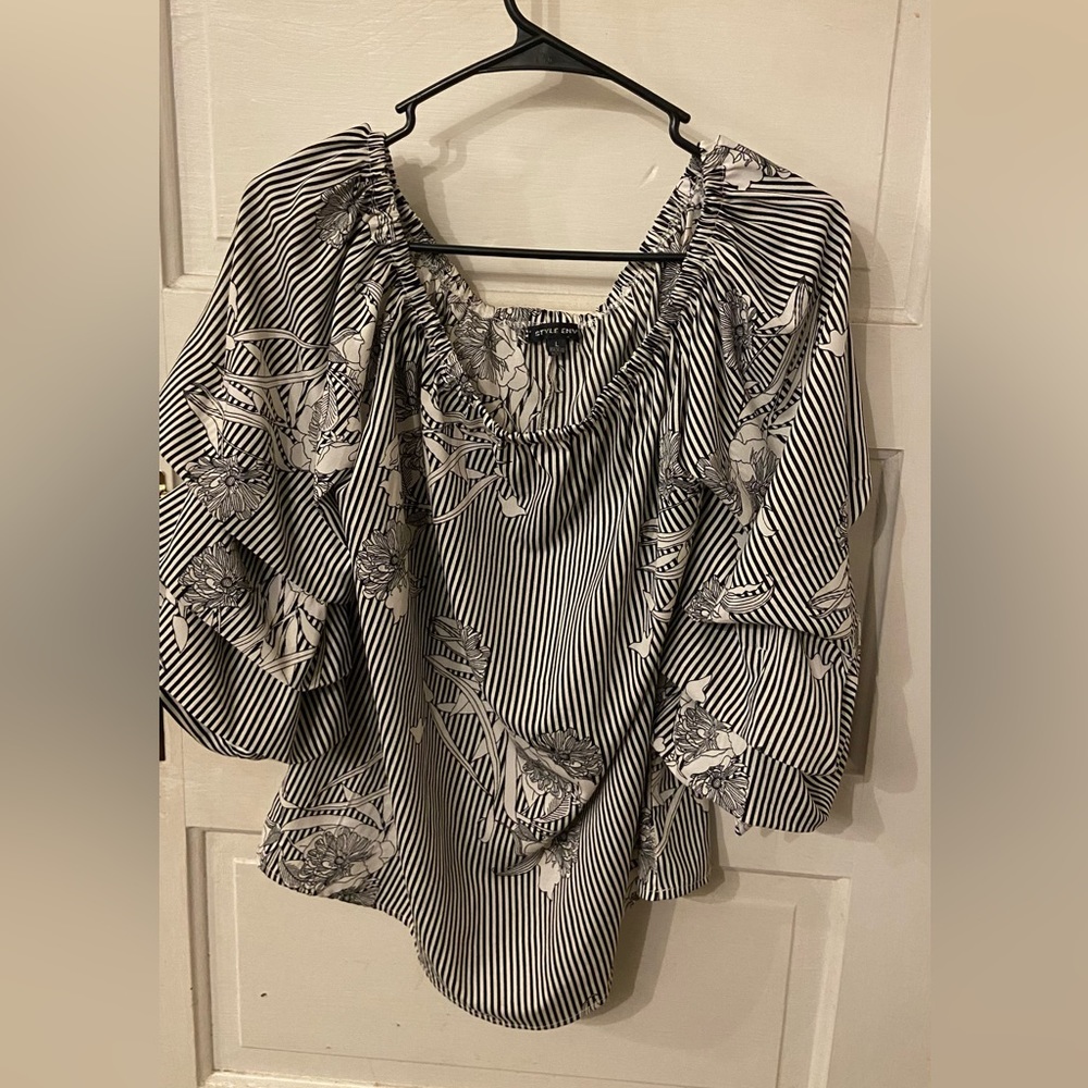 Black and White Striped Flowy Blouse w/ Flowers